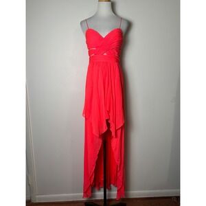 Adrianna Papell High Low Prom Formal Dress 5/6 Neon Coral Sheer Cut Out Chiffon